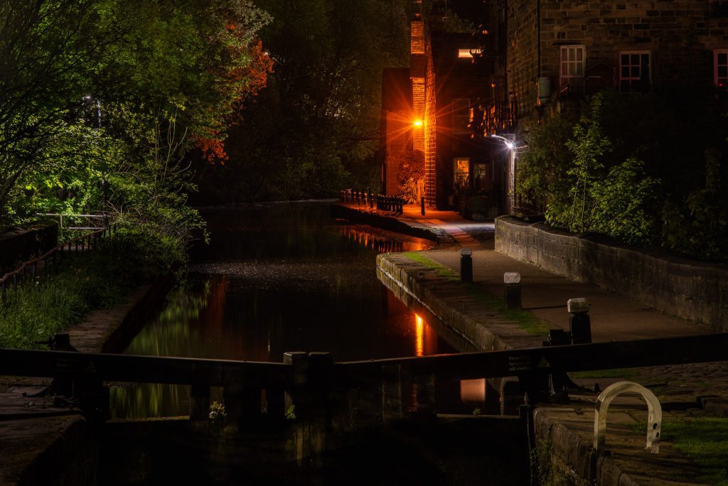 Night shot Rochdale Canal Hebden Bridge