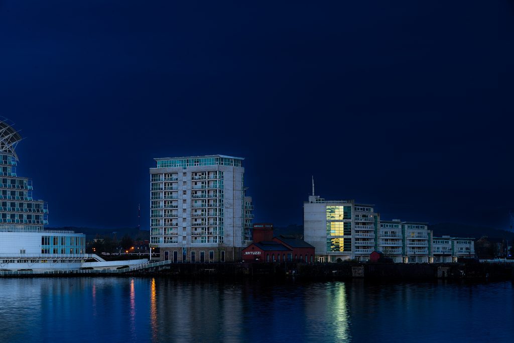 waterside buildings at cardiff bay