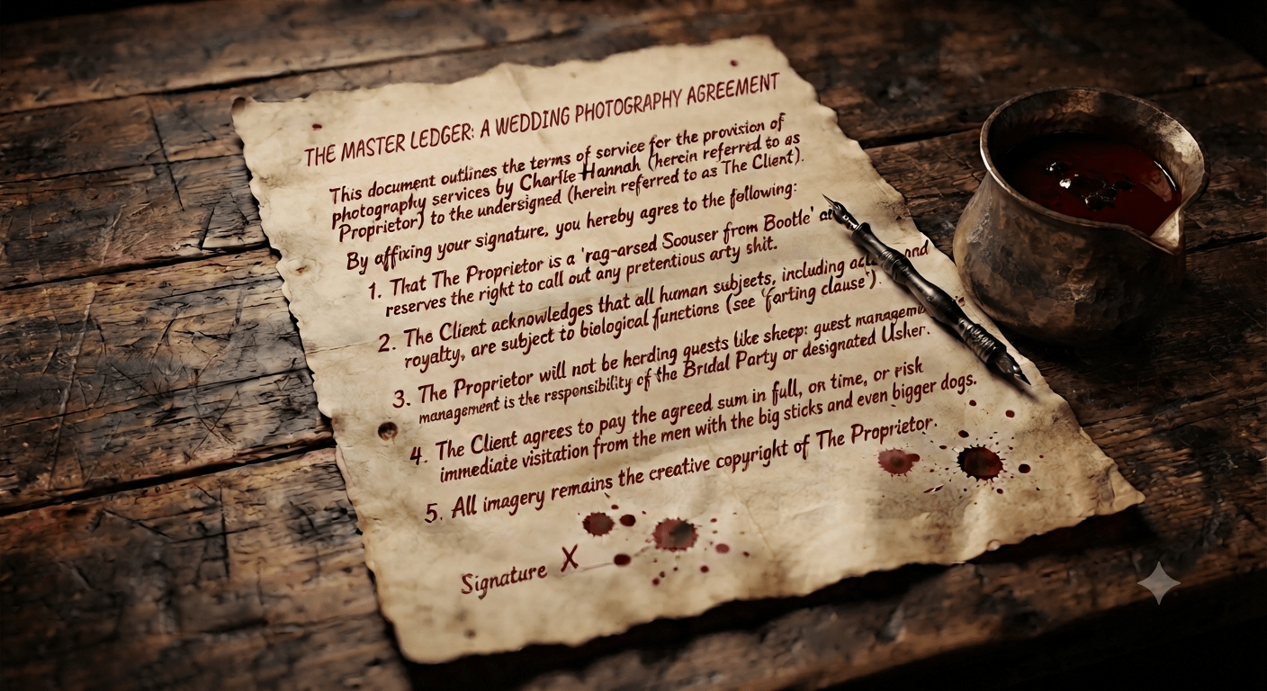 A vintage-style parchment scroll wedding photography contract and inkwell on a wooden table, detailing no-nonsense terms with a straight-talking style.