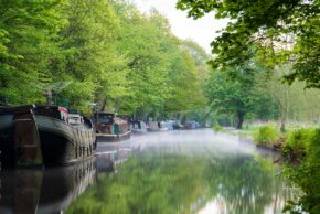 A misty morning view down a calm canal in Hebden Bridge with historic narrowboats moored along the left bank, low-lying fog resting on the water, and a canopy of lush green trees reflecting on the surface.