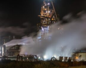 Port Talbot - February 2022 A long-exposure industrial nightscape capturing glowing gantry lights and steam plumes for a pollution-themed fine art photography project.