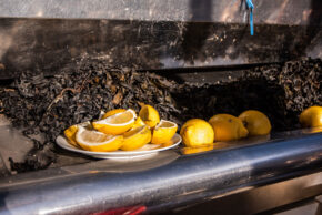 Paris - February 2020 Contemporary still life photography featuring bright yellow whole and sliced lemons on a white plate alongside dark seaweed against a brushed metal industrial background.