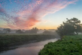A tranquil misty river flowing through a countryside meadow under a dramatic pink and blue sunrise sky.