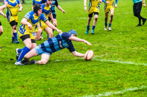 Dynamic sports photography capturing the intense moment of a rugby player diving to gather the ball, surrounded by opposing players. A rugby player diving to ground to gather the ball during a competitive match on a grass pitch.