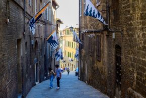 Street photography of a steep, narrow stone alleyway in Siena, Italy, lined with historic mediaeval buildings and hung with traditional contrada flags.
